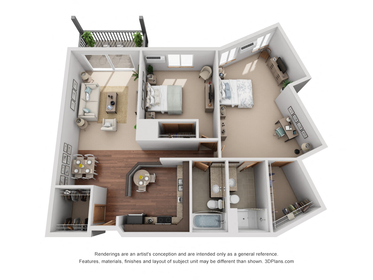 Floor plan for 2 beds, 2 baths, 1245 sqft